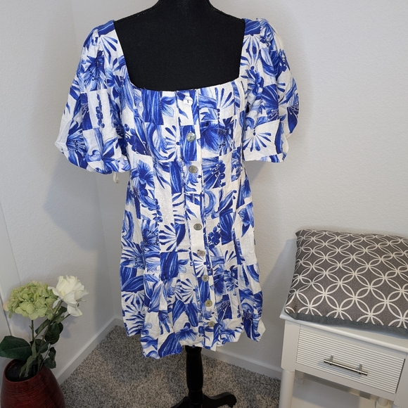 💘 Farm Rio Garden Tiles Button Front Linen Blend Mini Off White Floral NWT - Picture 6 of 8